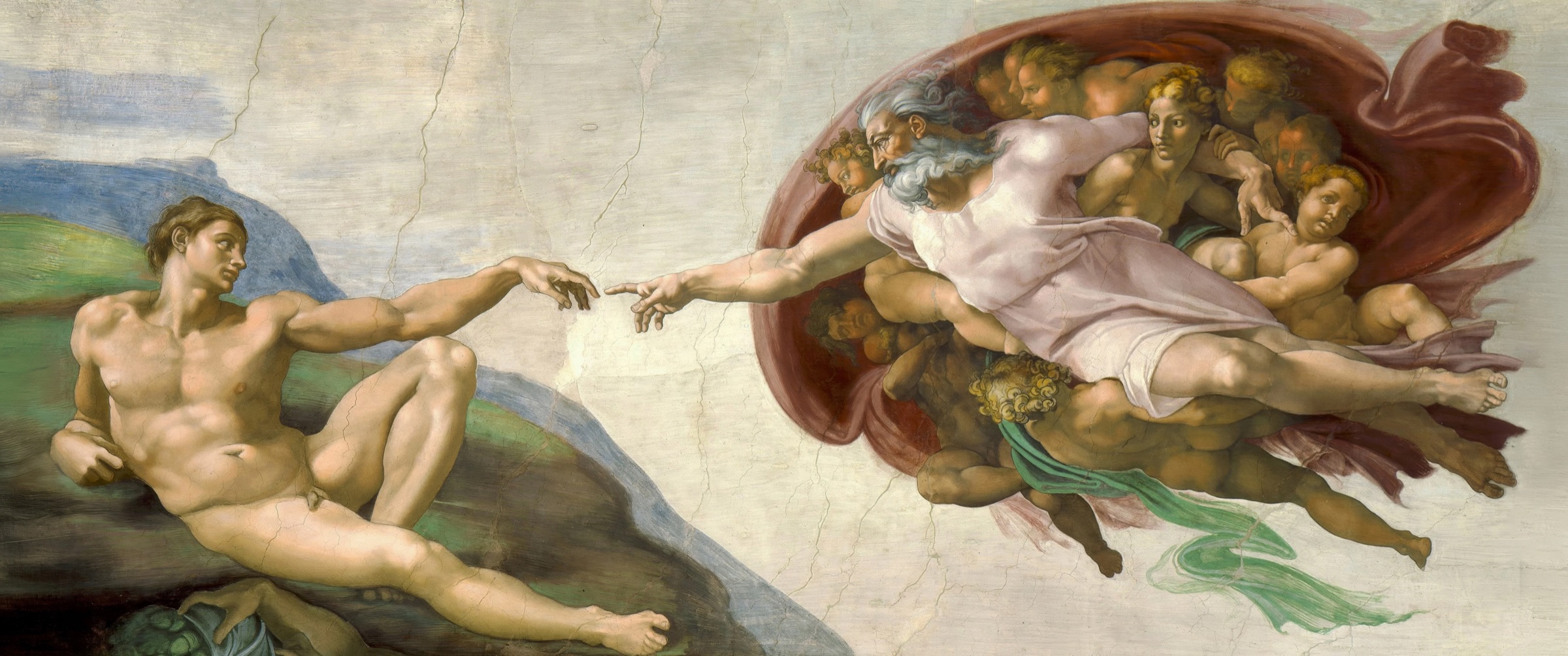 Michelangelo's The Creation of Adam: Adam reclining at left, God reaching toward him from the right, their fingers not quite touching.